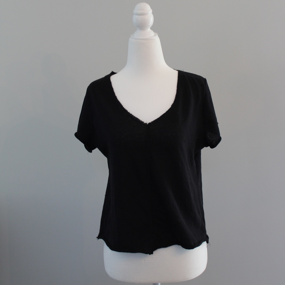 Black V Neck Tee with Ripped Hem Along all Seams